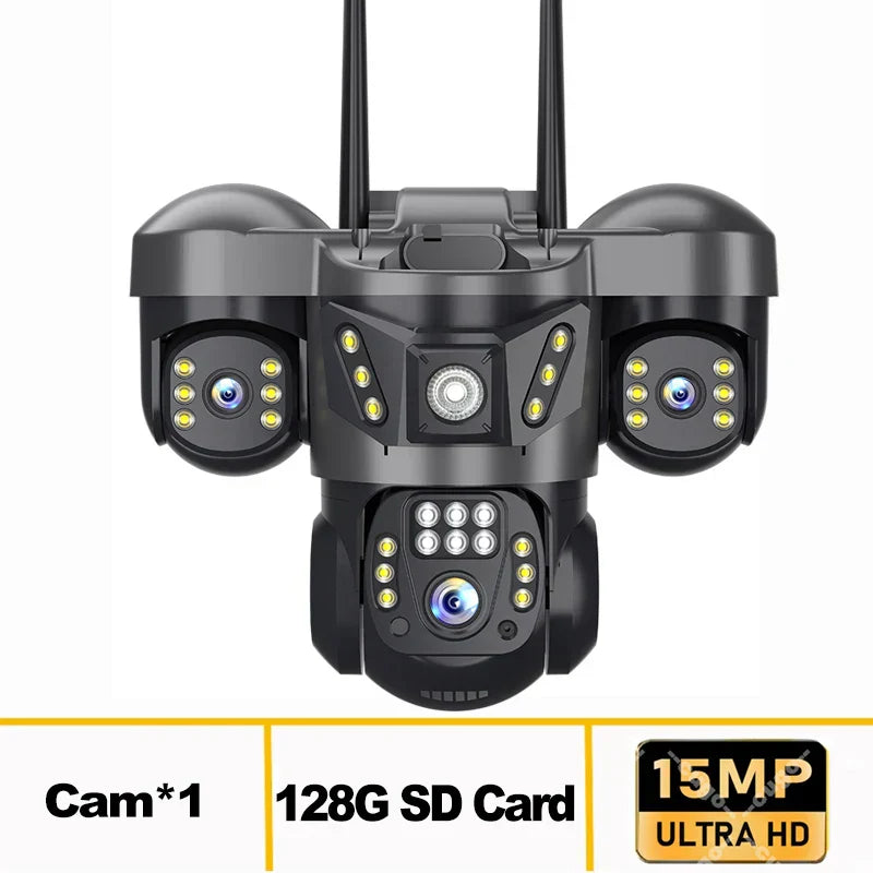 8K 15MP Three Screen WIFI Camera Three Lens Cameras Outdoor Waterproof Human Detection Color Night Vision 10X Zoom Security Cam