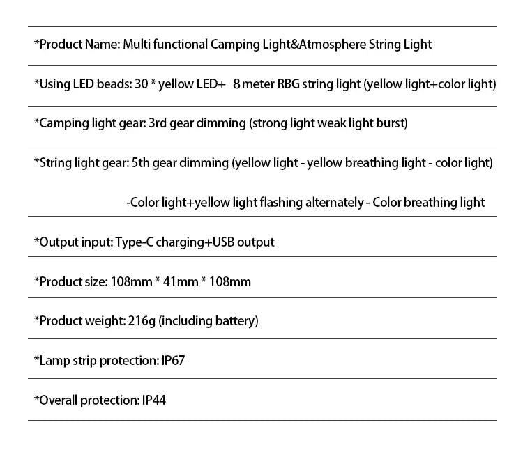 Campify Lamp String Camping Light With Retractable LED String LightsColorful Festive Atmosphere Lights Equipment Tent Light