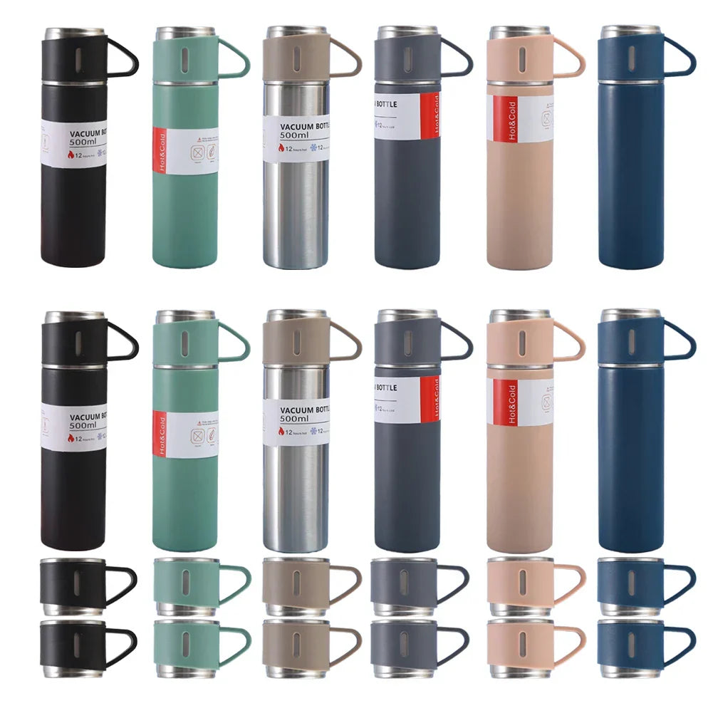 500ML Vacuum Insulated Bottle Portable Coffee Mug with 3 Cups Vacuum Cup Stainless Steel Last for 6-12H for Travel