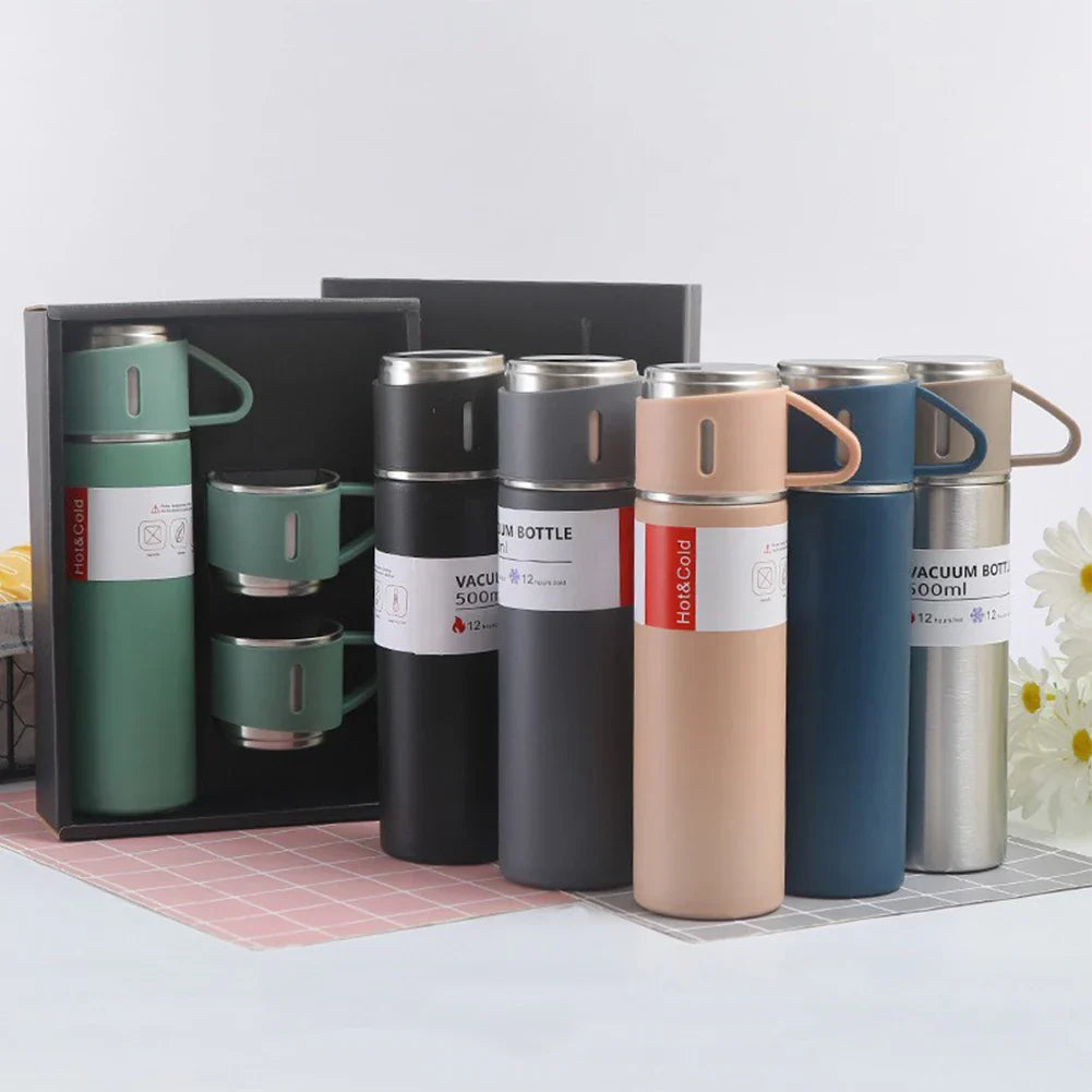 500ML Vacuum Insulated Bottle Portable Coffee Mug with 3 Cups Vacuum Cup Stainless Steel Last for 6-12H for Travel