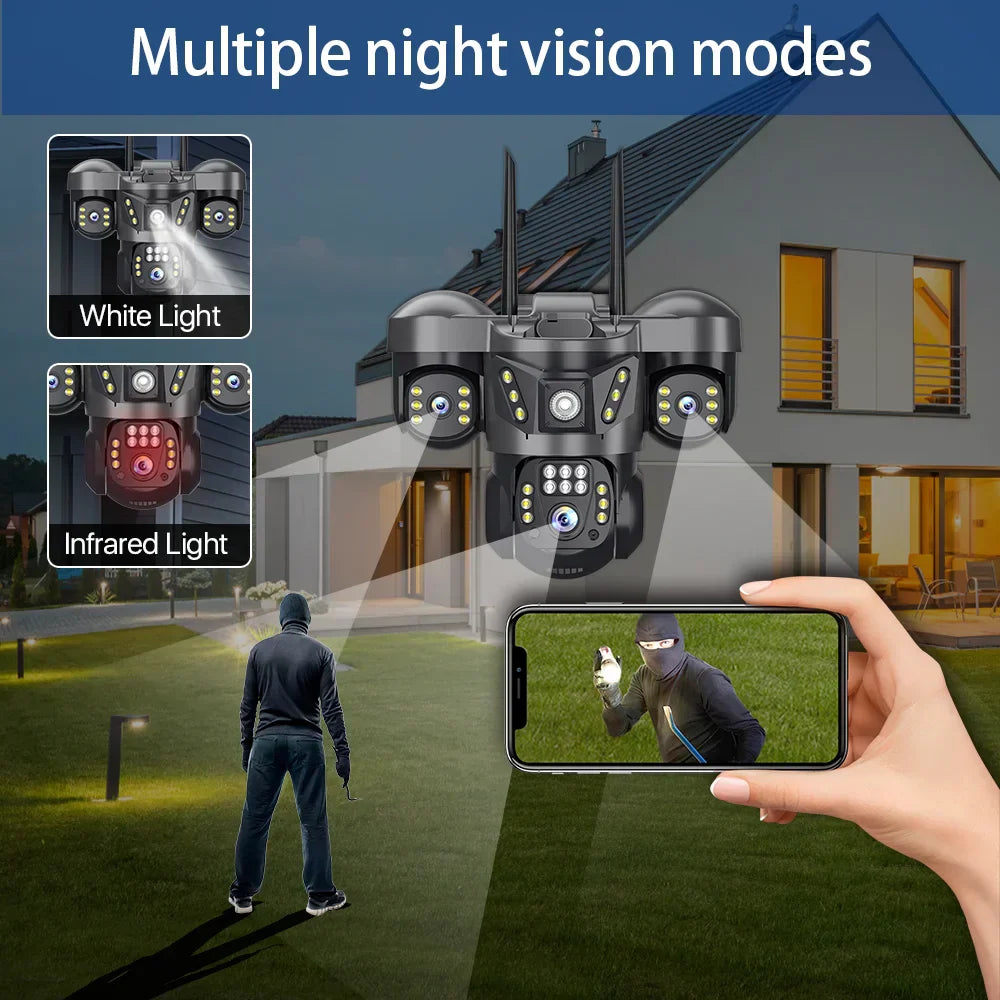 8K 15MP Three Screen WIFI Camera Three Lens Cameras Outdoor Waterproof Human Detection Color Night Vision 10X Zoom Security Cam