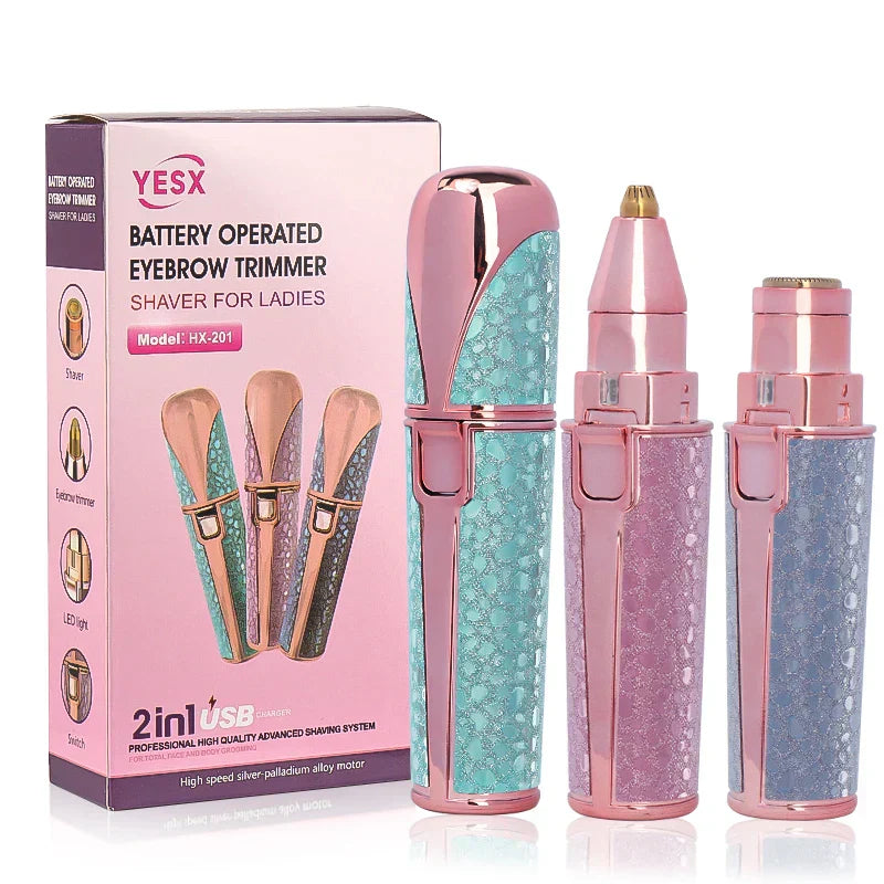 2 In1 Rechargeable Facial Hair Removal and Eyebrow Shaver - Face Lips Body Painless Facial Razor with Built-in LED Light USB